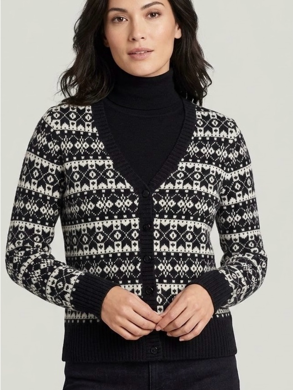 Talbots Womens Petites Fair Isle Wool Blend Cardigan Sweater PM Black White New